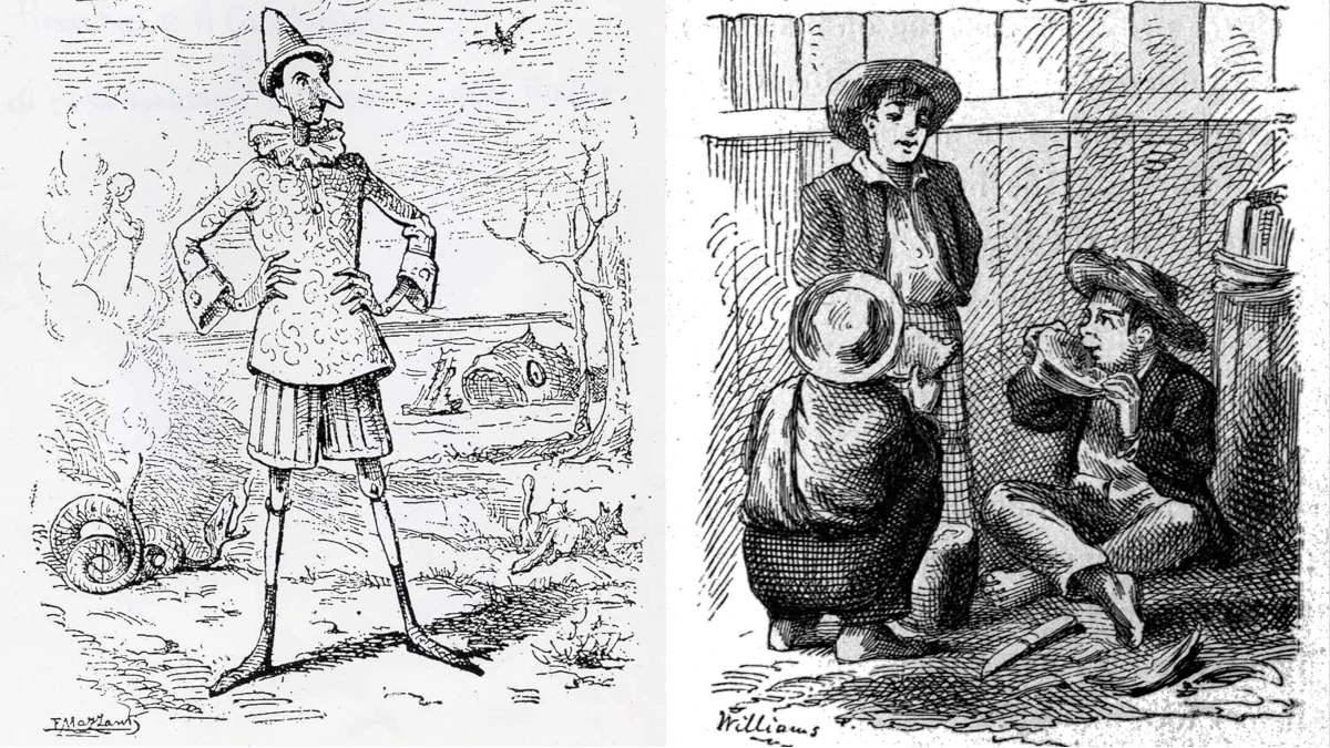 Pinocchio e Tow Sawyer con i suoi amici in due illustrazioni accostate