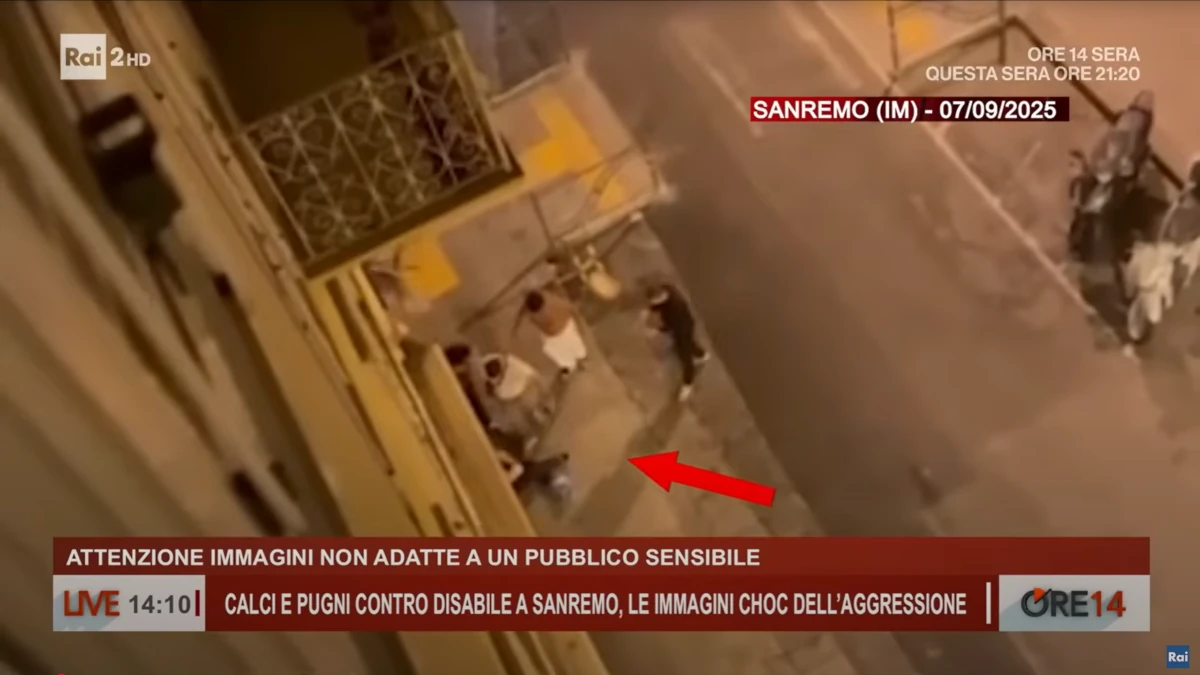 Un fotogramma del video dell’aggressione violenta avvenuta domenica 7 settembre 2025 a Sanremo nei confronti di un disabile