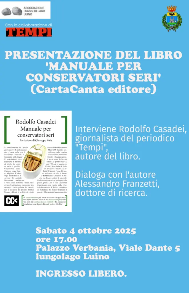 Locandina dell’incontro di presentazione del libro di Rodolfo Casadei “Manuale per conservatori seri” a Luino, 4 ottobre 2025
