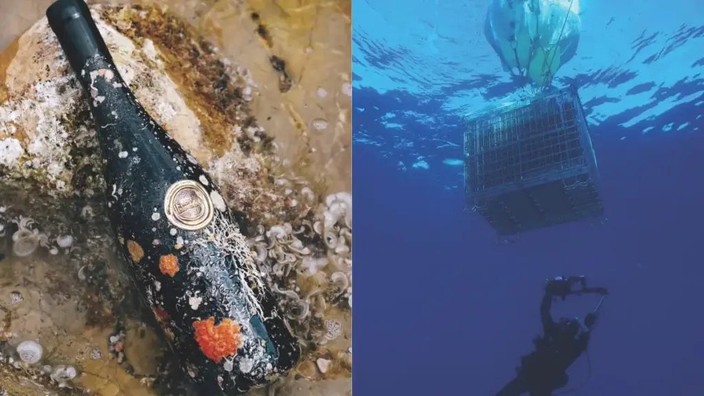 A sinistra, una bottiglia di vino ricoperta da incrostazioni marine, conchiglie e organismi marini, adagiata su una roccia bagnata vicino al mare. A destra, un subacqueo riprende o ispeziona una grande gabbia metallica immersa nell'acqua, sospesa appena sotto la superficie del mare: al suo interno si trovano bottiglie di vino affinate in profondità. Immagine legata al progetto di affinamento subacqueo del vino di Orygini