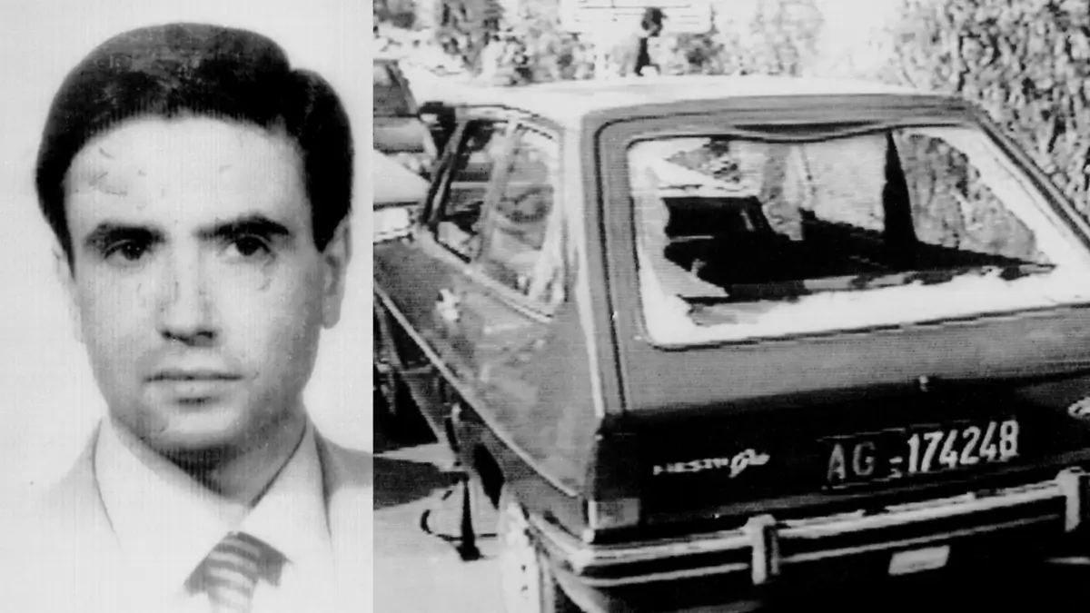 Due foto in bianco e nero affiancate. A sinistra, il primo piano del giudice Rosario Livatino. A destra, la sua Ford Fiesta con il lunotto posteriore infranto, l'auto in cui fu ucciso in un agguato mafioso il 21 settembre 1990