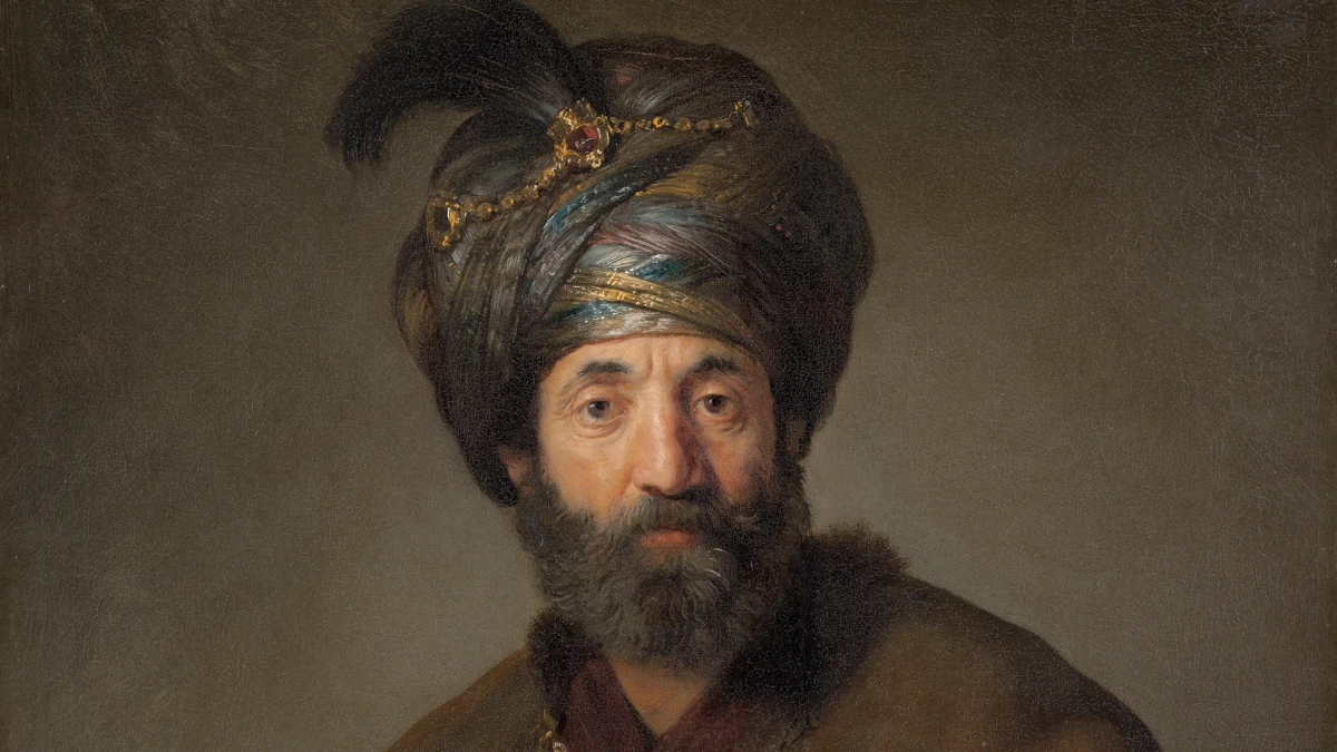 Un particolare dell’“Uomo in costume orientale” di Rembrandt, da alcuni ritenuto essere un ritratto di Samuel Pallache