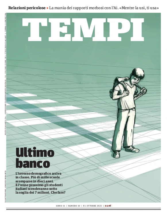 La copertina del numero di ottobre 2025 di Tempi, dedicata alle scuole costrette a chiudere a causa della crisi demografica
