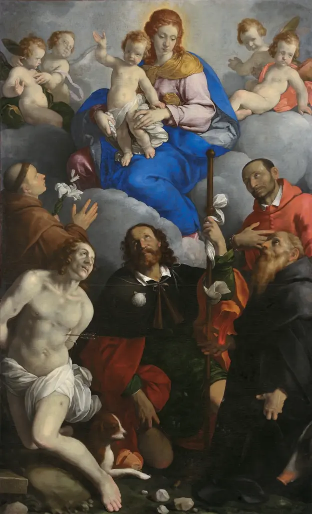 Carlo Ceresa, “Madonna con il Bambino in Gloria e i santi Antonio di Padova, Sebastiano, Rocco, Antonio abate e Carlo Borromeo”, parrocchia di Ponteranica (foto Museo diocesano di Bergamo “il Bernareggi”)