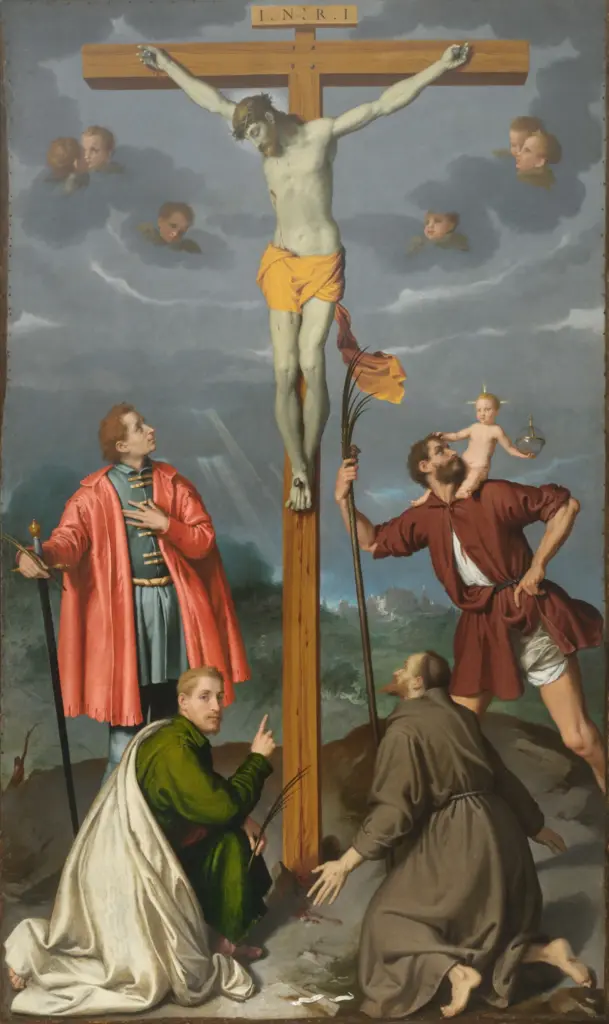 Giovan Battista Moroni, “Crocifisso tra i santi Crisogono, Francesco, Cristoforo e un santo martire”, dalla parrocchia di Seriate (foto Museo diocesano di Bergamo “il Bernareggi”)