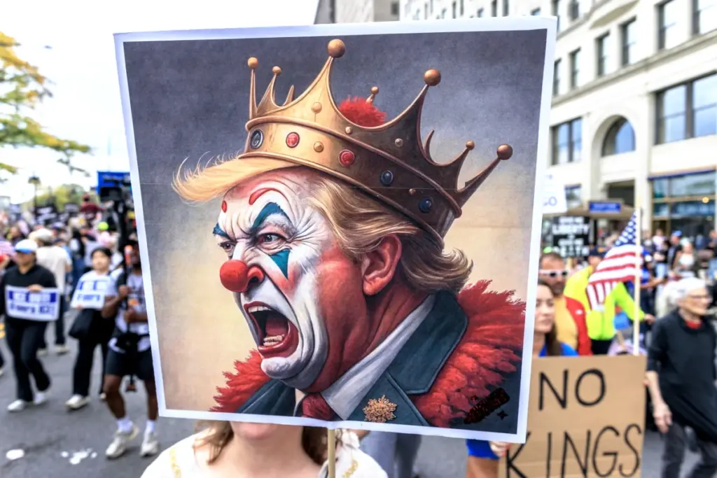 Un cartello con il presidente Trump mezzo clown e mezzo re esposto durante una marcia “No Kings” a Chicago, 18 ottobre 2025 (foto Ansa)