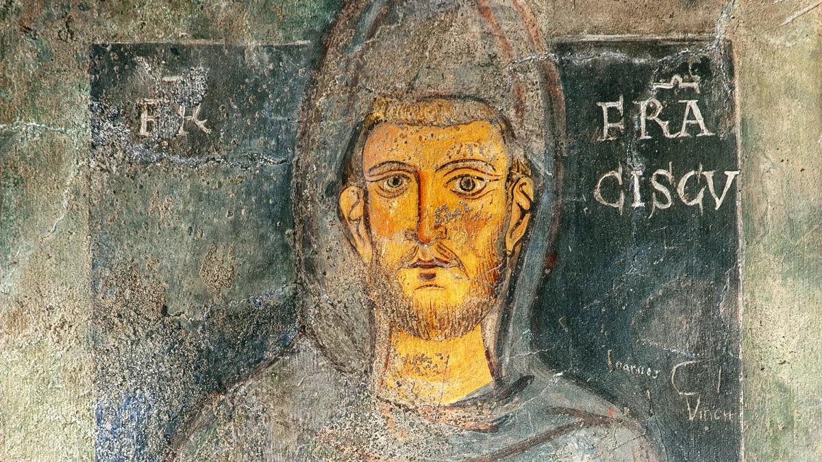 Un particolare del più antico ritratto conosciuto di san Francesco d’Assisi, nel santuario del Sacro Speco di Subiaco