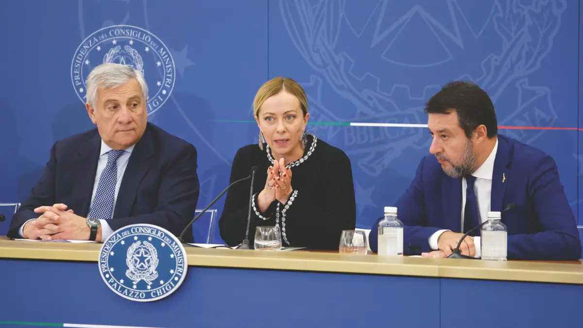 I leader del centrodestra e del governo Antonio Tajani, Giorgia Meloni, Matteo Salvini (foto Ansa)