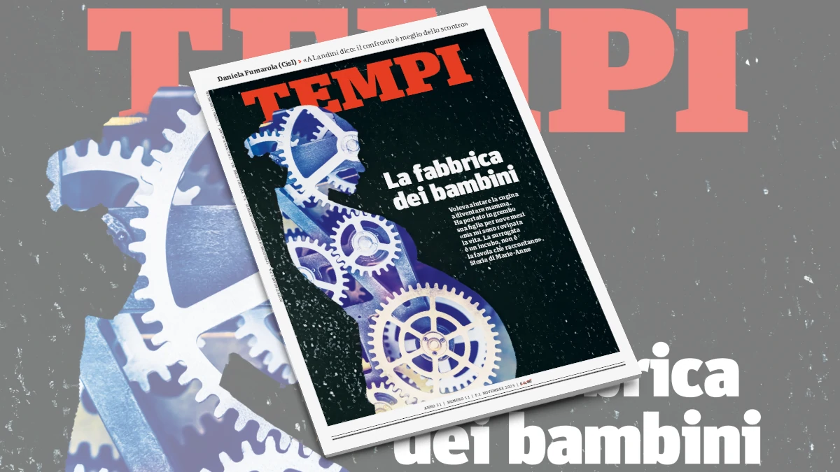 La copertina del numero di novembre 2025 di Tempi, dedicata alla maternità surrogata ”fabbrica dei bambini”