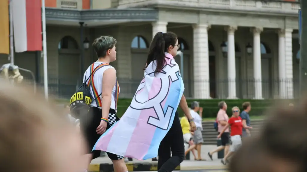 Due persone camminano durante una parata o un evento LGBTQ+. La persona a destra indossa una bandiera transgender (a strisce orizzontali azzurre, rosa e bianche con il simbolo di genere unificato) come mantello. La persona a sinistra ha i capelli corti verdi e indossa bretelle arcobaleno. Sullo sfondo, un edificio classico con colonne e altre persone sfocate camminano lungo la strada
