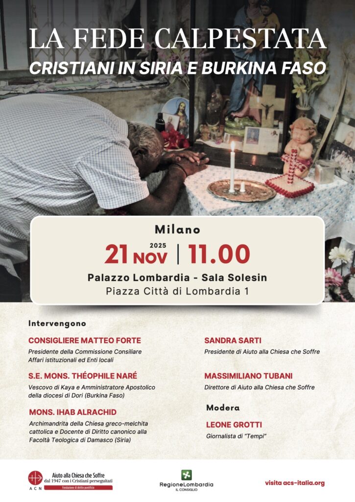 Il volantino dell'incontro di Acs sui cristiani perseguitati in Siria e Burkina Faso