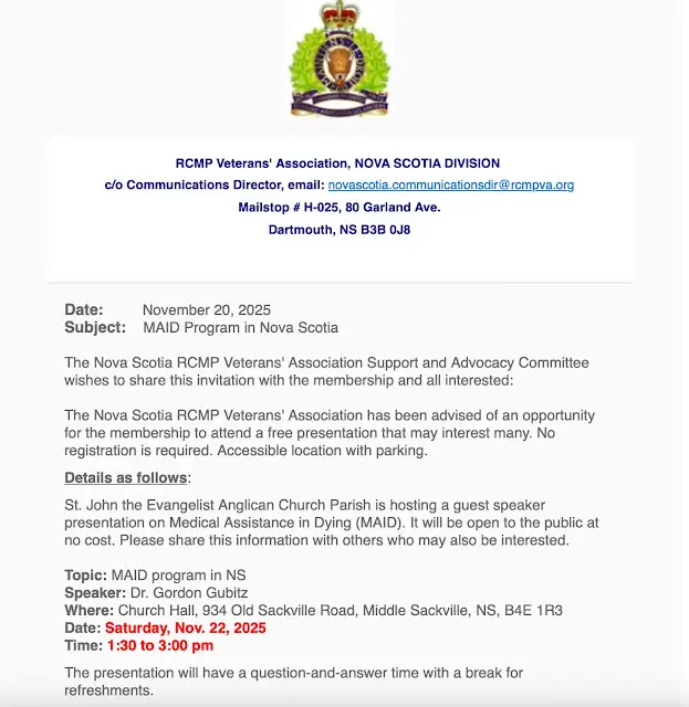 La mail inviata dall'Associazione veterani di Nova Scotia a tutti i membri sponsorizzando l'eutanasia