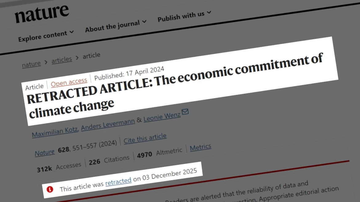 Il citatissimo articolo di “Nature” sugli effetti economici del cambiamento climatico come appare oggi, dopo la ritrattazione, sul sito della rivista scientifica