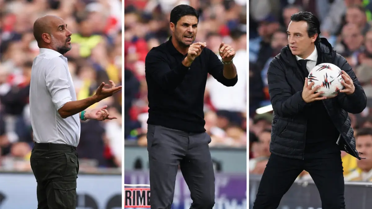 Da sinistra, l'allenatore del Manchester City, il catalano Pep Guardiola, l'allenatore dell'Arsenal, il basco Mikel Arteta, l'allenatore dell'Aston Villa, il basco Unay Emery. Tutti e tre in corsa per vincere la Premier League (foto Ansa)