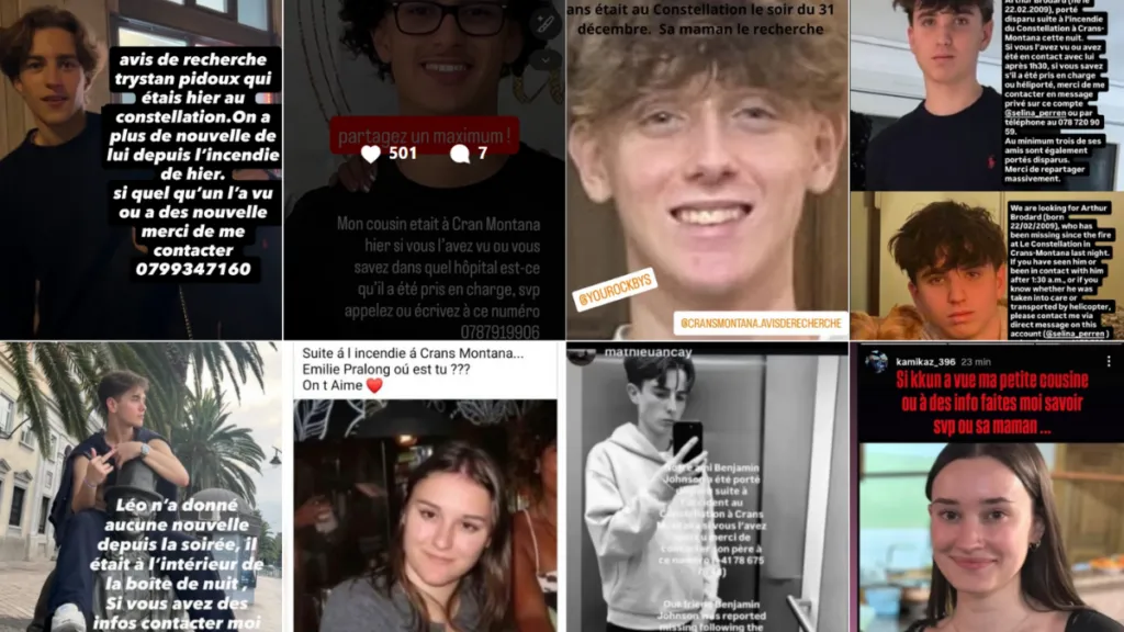 Collage di diverse foto e screenshot di appelli social per persone scomparse dopo l'incendio di Crans-Montana, con foto di ragazzi e testi in francese e italiano