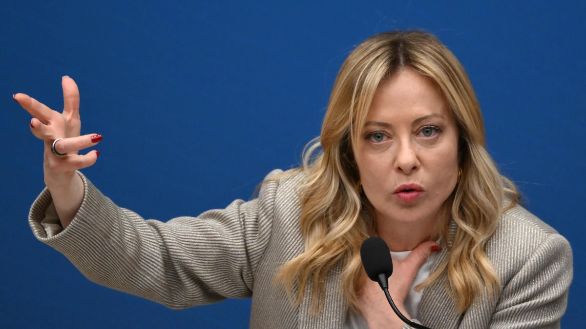 La presidente del Consiglio Giorgia Meloni alla conferenza stampa di fine anno a Palazzo Chigi, 9 gennaio 2026 (foto Ansa)