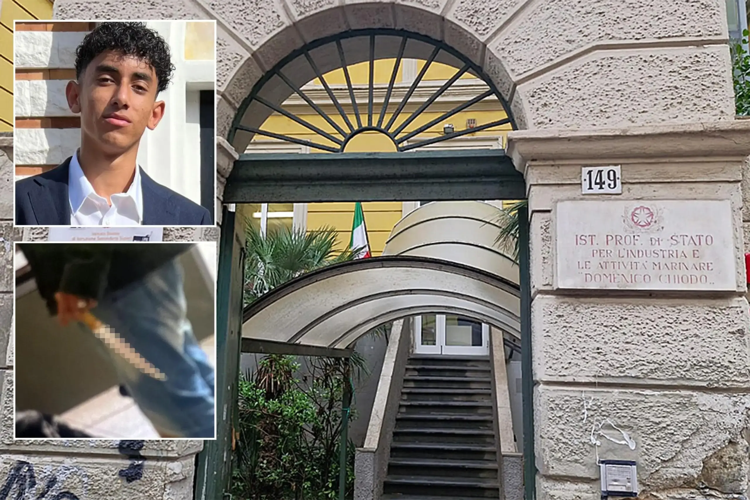 Nella combo, in alto Abanoub Youssef, 19 anni, morto questa sera all'Ospedale S. Andrea; in basso, il ragazzo compagno di scuola fermato con l'accusa di averlo accoltellato all'addome; e l'ingresso dell'istituto professionale Domenico Chiodo a La Spezia dove è avvenuta l’aggressione
