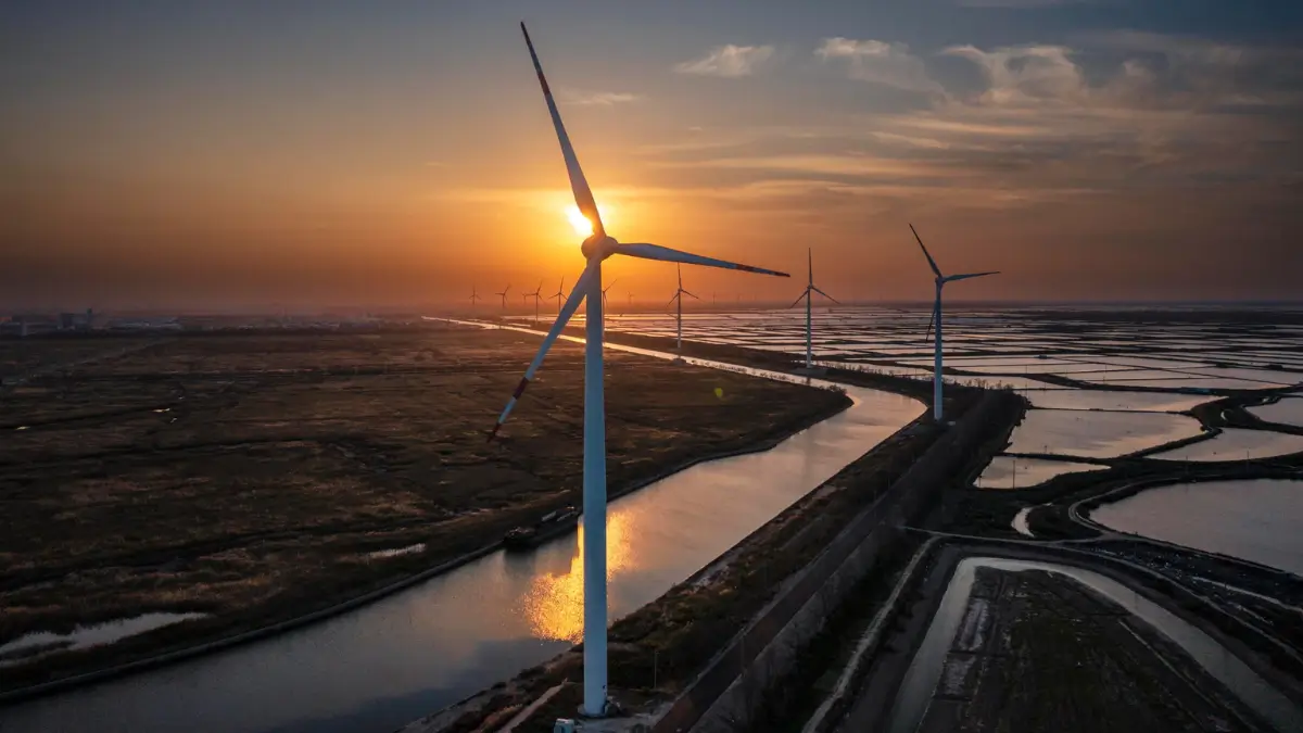 Veduta aerea di pale eoliche a Yancheng, nella provincia dello Jiangsu, in Cina. Emissioni zero