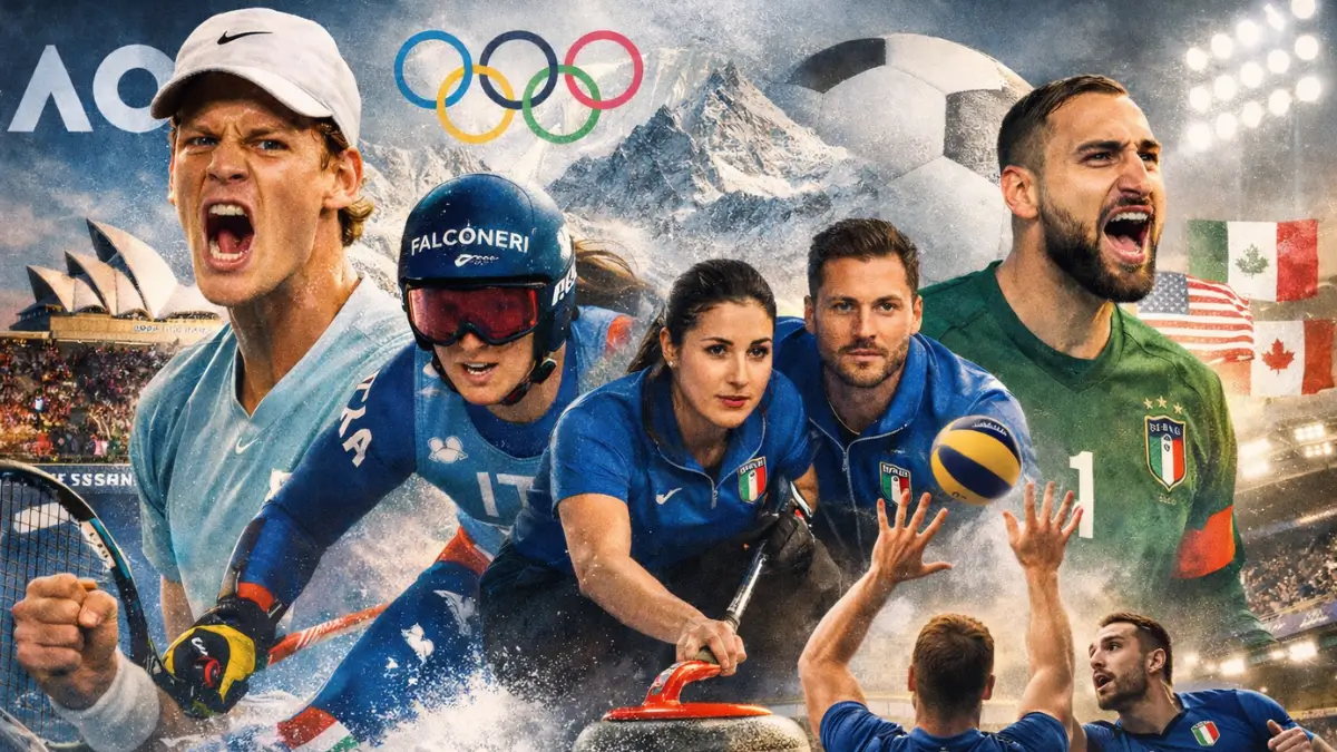 Nell'immagine generata da ChatGpt, Jannik Sinner, Sofia Goggia, il curling, Gigio Donnarumma, la Nazionale di volley. Sport 2026