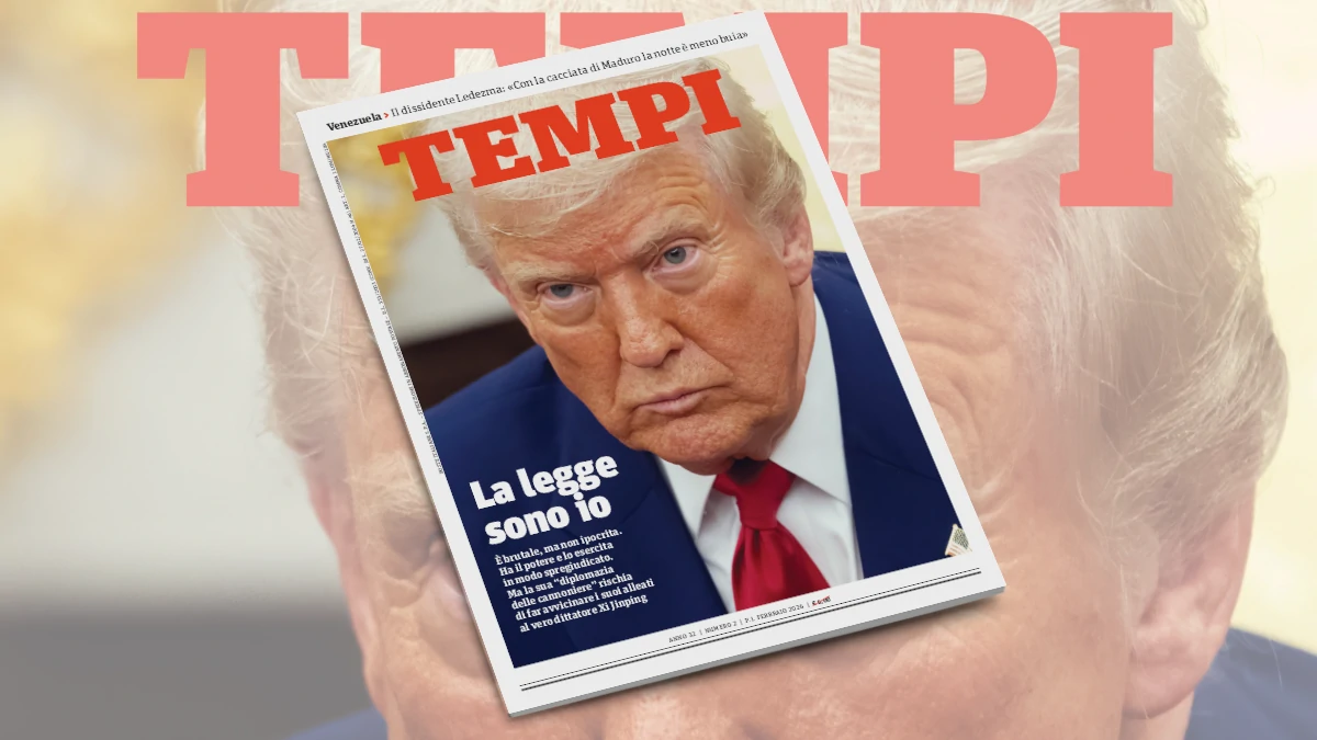 La copertina del numero di febbraio 2026 di Tempi, dedicata alla politica estera di Trump e al dibattito sul diritto internazionale