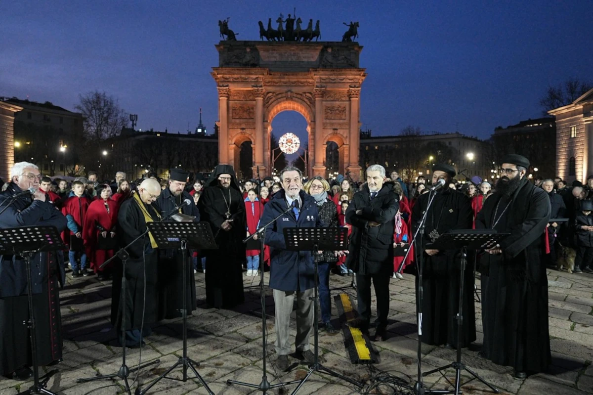 Un momento dell’evento interreligioso “Nella tregua olimpica” all’Arco della Pace con il presidente della Regione Lombardia Attilio Fontana e il sottosegretario Raffaele Cattaneo, Milano, 12 febbraio 2026 (foto da lombardianotizie.online)
