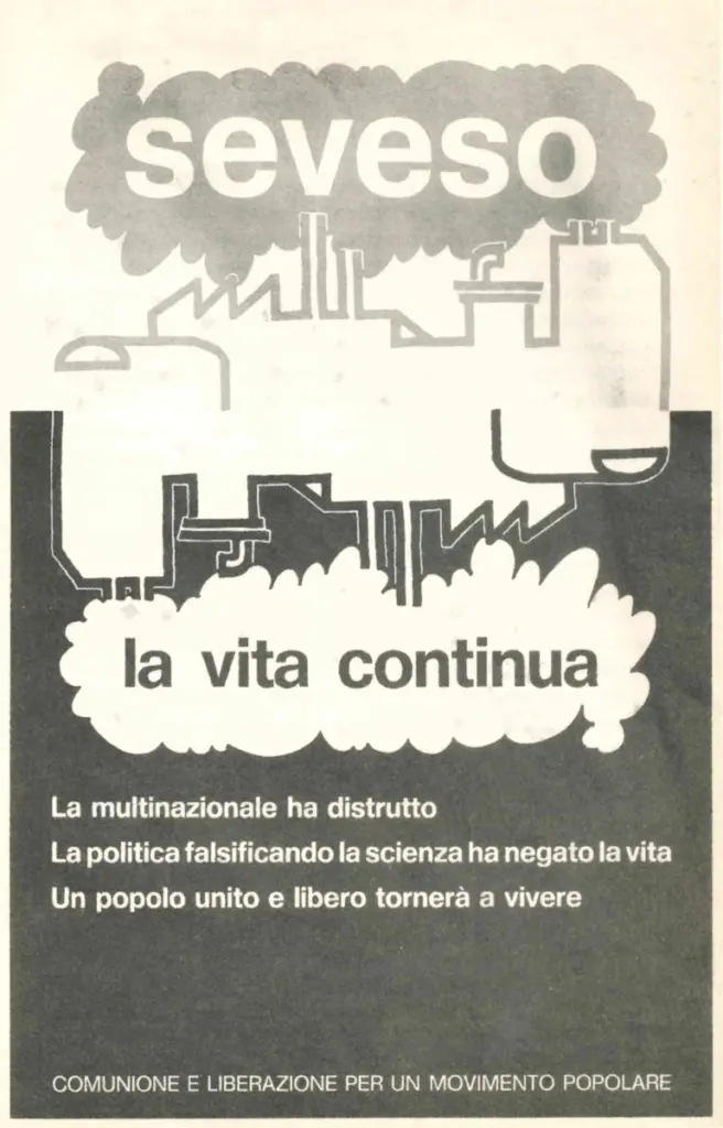 Il manifesto “La vita continua” (foto da “Seveso 1976. Oltre la diossina”, Itaca)