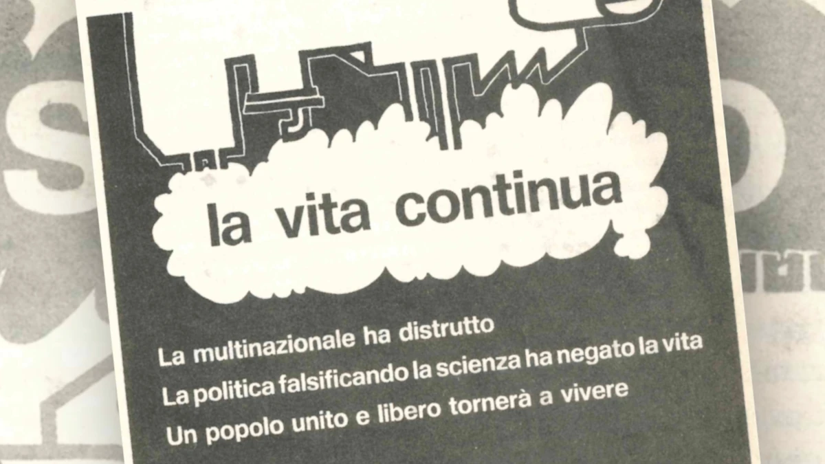 Un particolare del manifesto “La vita continua” diffuso nel 1976 dopo il disastro di Seveso da “Comunione e Liberazione per un Movimento Popolare” (foto da “Seveso 1976. Oltre la diossina”, Itaca)