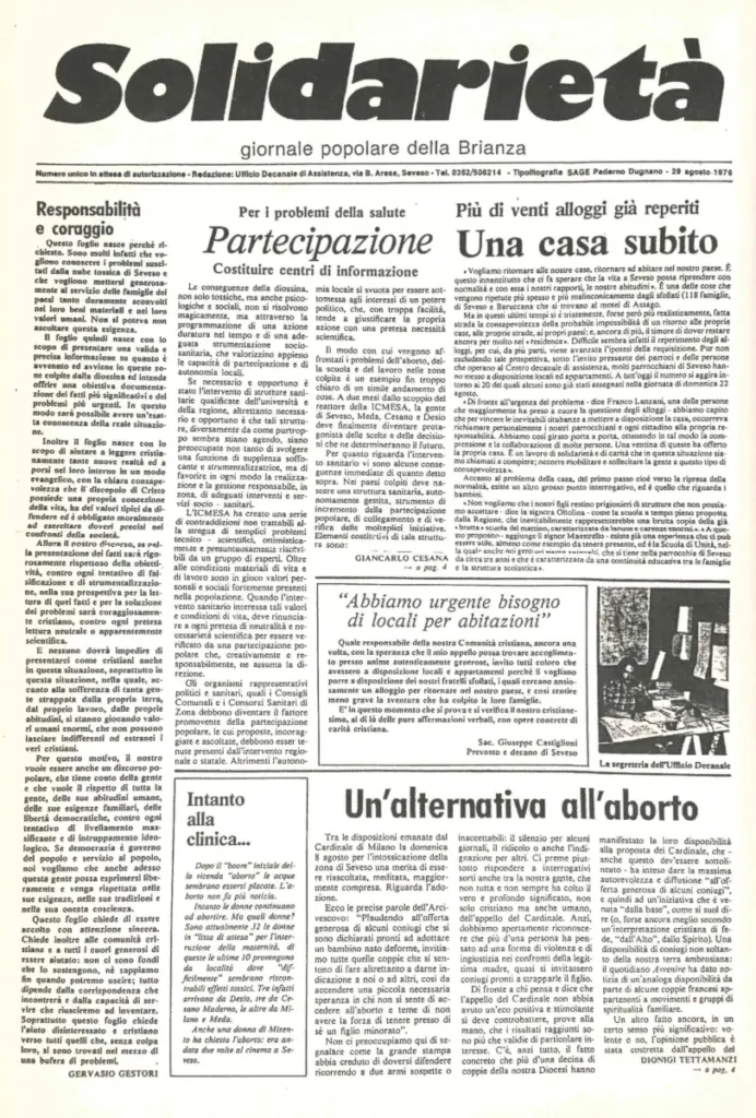 La prima pagina del primo numero di “Solidarietà”, giornale pubblicato dalla commissione stampa dell’Udac, ufficio decanale costituito per affrontare l’emergenza diossina a Seveso, 29 agosto 1976