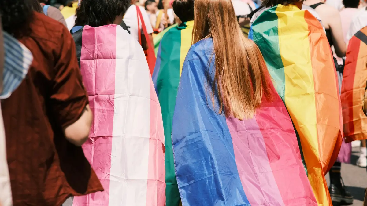 Inquadratura di spalle di diverse persone che camminano durante una parata, indossando grandi bandiere come mantelli: si riconoscono la bandiera transgender (azzurro, rosa, bianco) e la bandiera arcobaleno