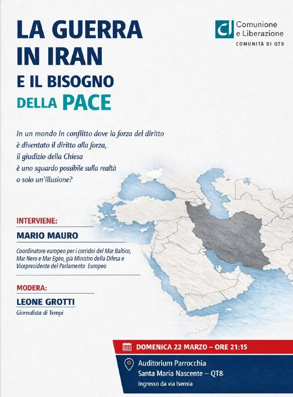 Il volantino dell'incontro sulla guerra in Iran che si terrà a Milano domenica 22 marzo alle 21.15 con Mario Mauro
