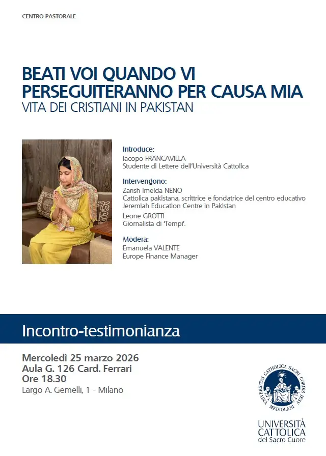 La locandina dell'incontro presso l'Università Cattolica del Sacro Cuore di Milano sui cristiani perseguitati in Pakistan