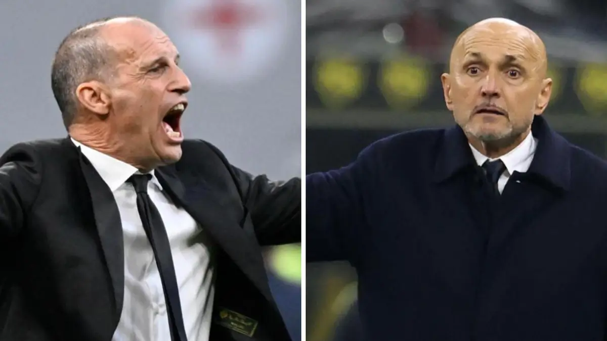 L’allenatore del Milan, Massimiliano Allegri (a sinistra), e l’allenatore della Juventus, Luciano Spalletti, si sfidano domenica sera a San Siro (foto Ansa)