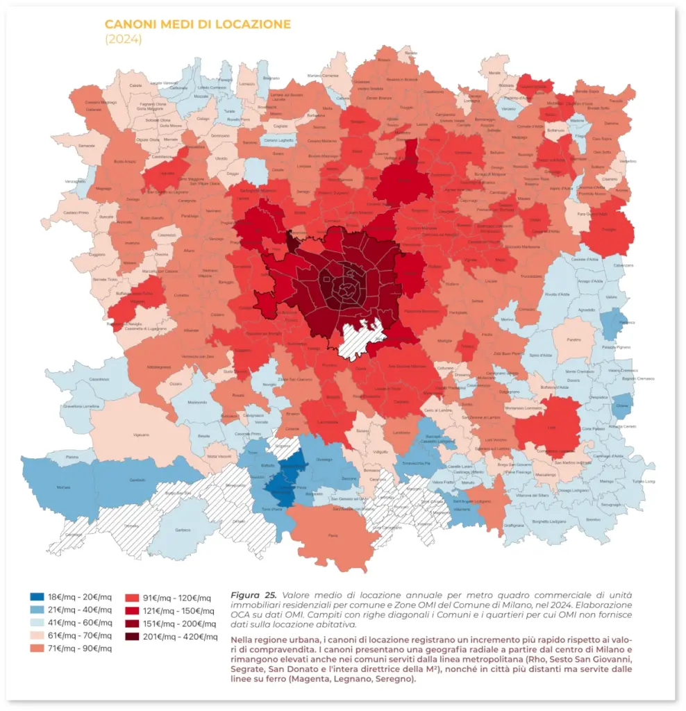 Mappa: Valore medio di locazione annuale per metro quadro commerciale di unità immobiliari residenziali per comune e zone Omi del Comune di Milano, 2024. Elaborazione Oca su dati Omi