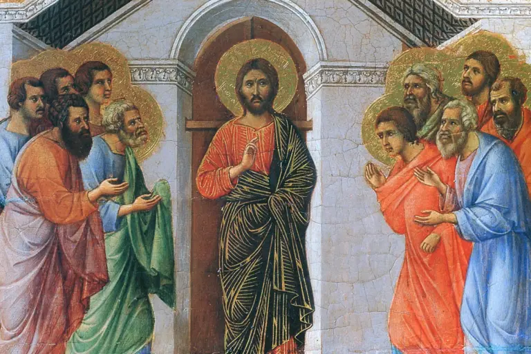 Duccio di Buoninsegna, Maest&agrave; del Duomo di Siena, &ldquo;Apparizione di Cristo agli apostoli a porte chiuse&rdquo; (particolare)