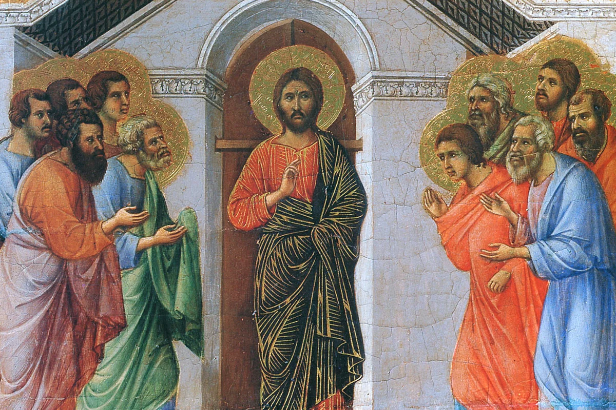 Duccio di Buoninsegna, Maestà del Duomo di Siena, “Apparizione di Cristo agli apostoli a porte chiuse” (particolare)