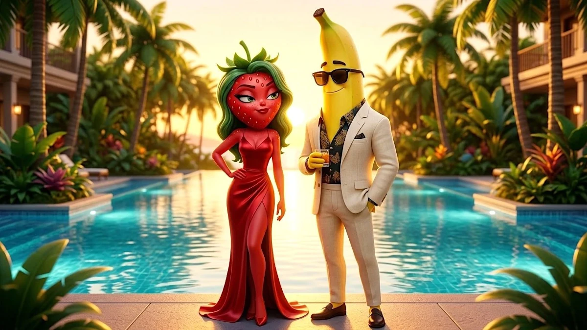 Fotogramma di un “fruit drama” generato con intelligenza artificiale