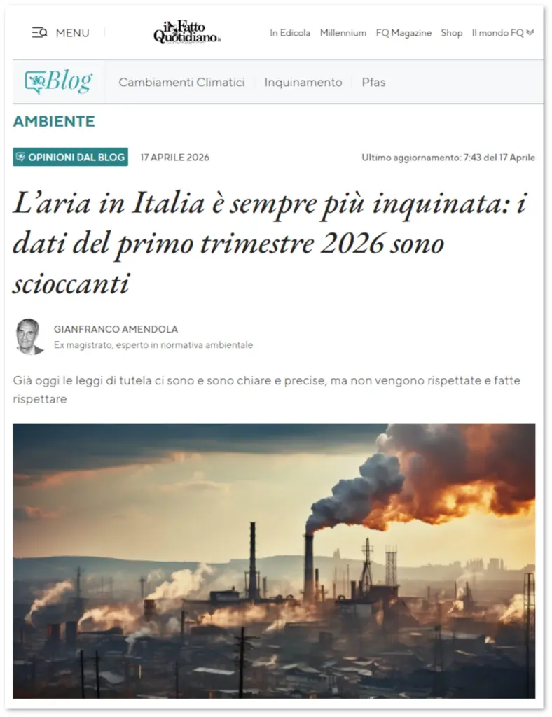 Schermata con titolo allarmistico sull’inquinamento dell’aria in Italia dal sito del “Fatto quotidiano”