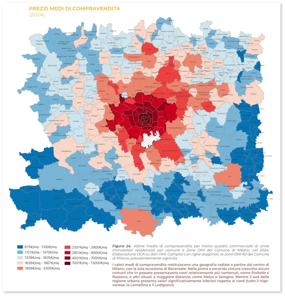 Mappa: Valore medio di compravendita per metro quadro commerciale di unità immobiliari residenziali per comune e Zone Omi del Comune di Milano, nel 2024. Elaborazione Oca su dati Omi