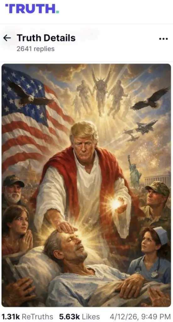 L’immagine di Trump “guaritore” come Gesù postata dallo stesso presidente americano – in polemica con il Papa – sempre su Truth