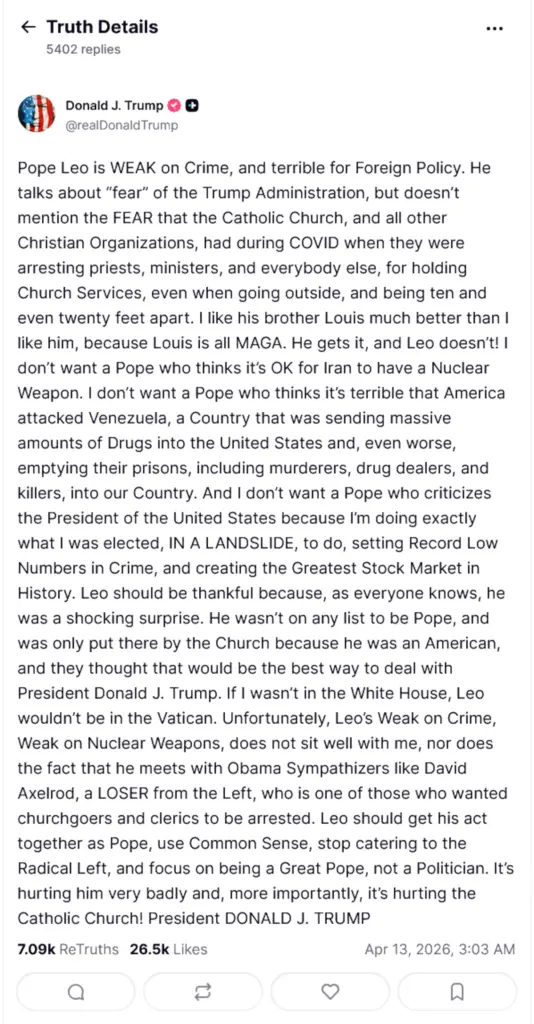 Il post contro papa Leone XIV pubblicato da Donald Trump nella notte tra domenica e lunedì sulla sua piattaforma social Truth