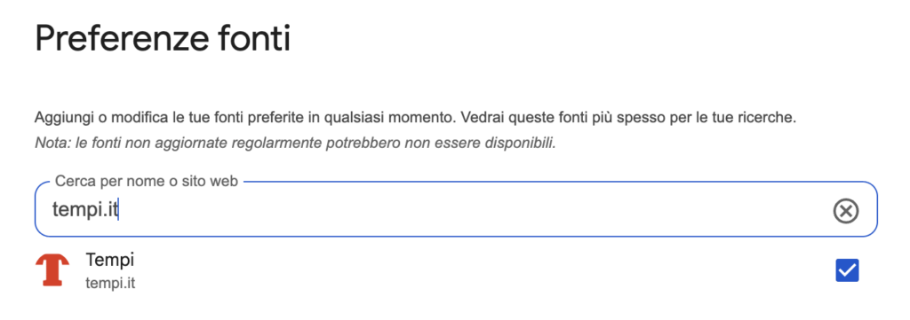 Fonti preferite Google Tempi