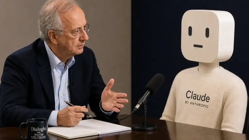 Abbiamo chiesto a ChatGPT, il modello di intelligenza artificiale di OpenAi, di disegnare Walter Veltroni che intervista Claude, l'Ai di Anthropic. Ecco il risultato