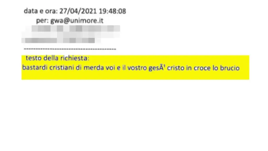 Una delle email inviate da Salim El Koudri all’Università di Modena contenenti insulti verso i cristiani (foto Ansa)