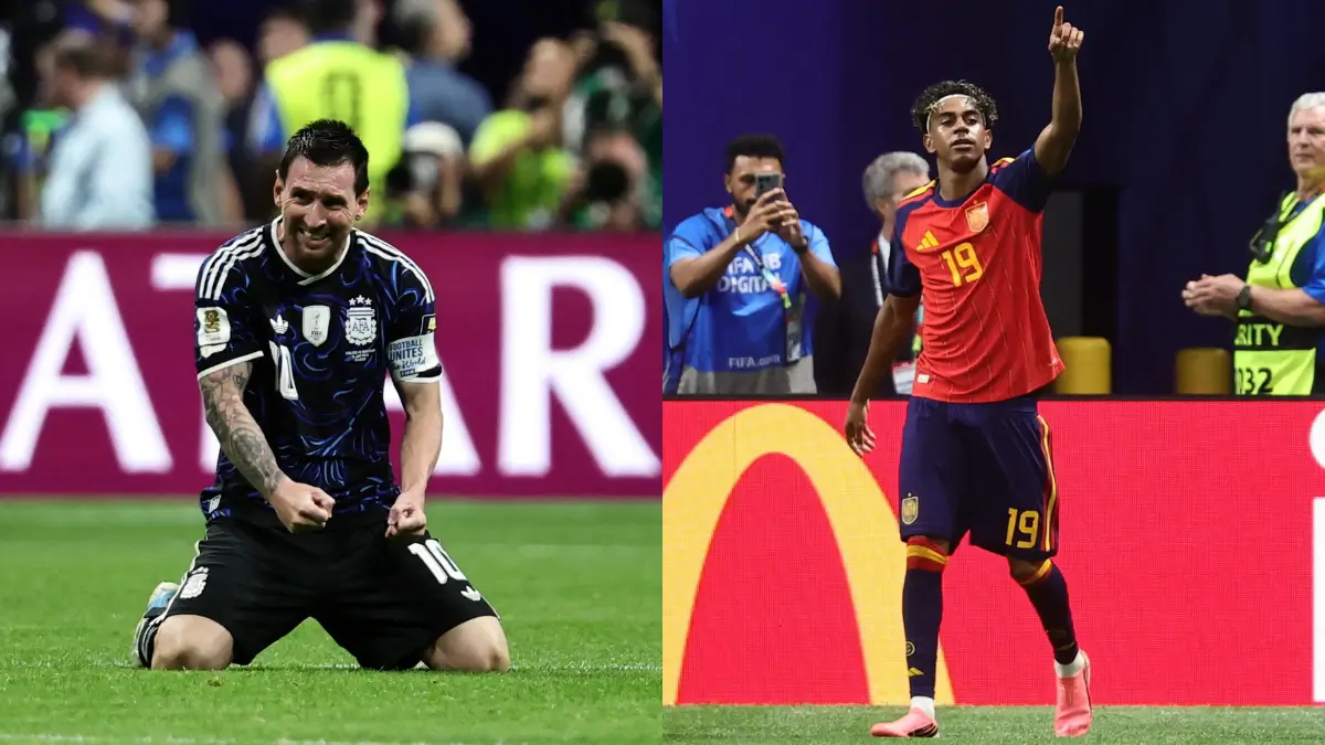 L'attaccante dell'Argentina, Lionel Messi (a sinistra) e l'attaccante della Spagna, Lamine Yamal