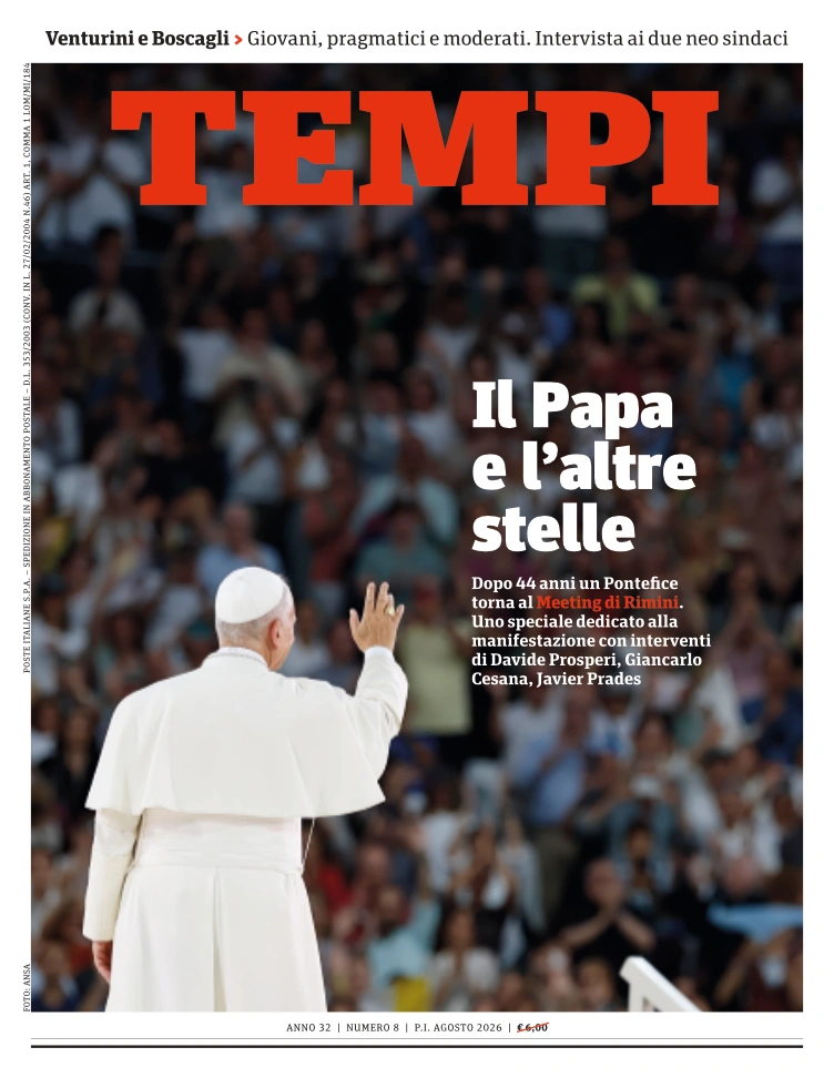 La copertina del numero di agosto 2026 di Tempi, dedicata al Meeting di Rimini e alla visita di papa Leone XIV