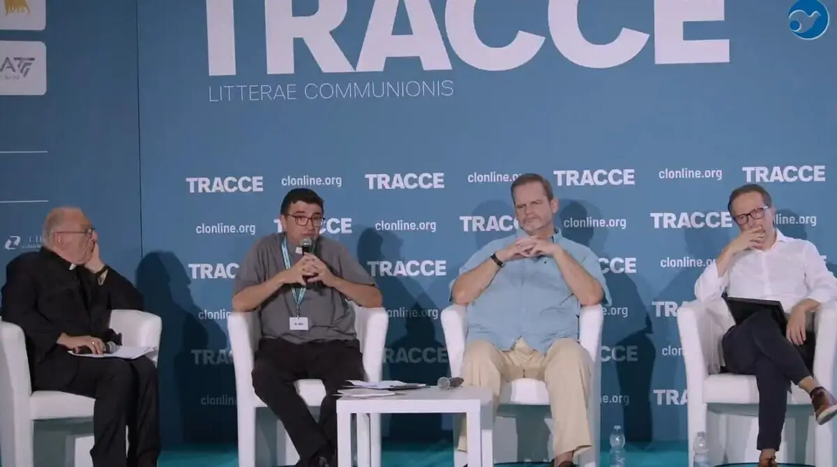 Da sinistra, Massimo Camisasca, Paolo Prosperi, Ren&eacute; Roux, Marco Lamanna al Meeting di Rimini