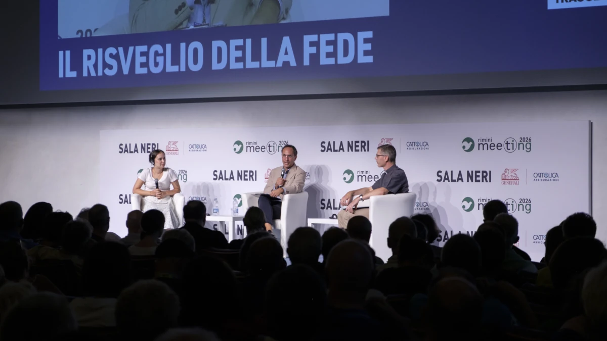 L&rsquo;incontro &ldquo;Il risveglio della fede&rdquo;, marted&igrave; 25 agosto al Meeting di Rimini. Da sinistra, Ines Saada, Mattia Ferraresi, Christophe Rosier (foto Meeting)