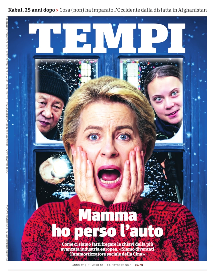 La copertina del numero di ottobre 2026 di Tempi, dedicata all’industria dell’auto europea minacciata dalla Cina