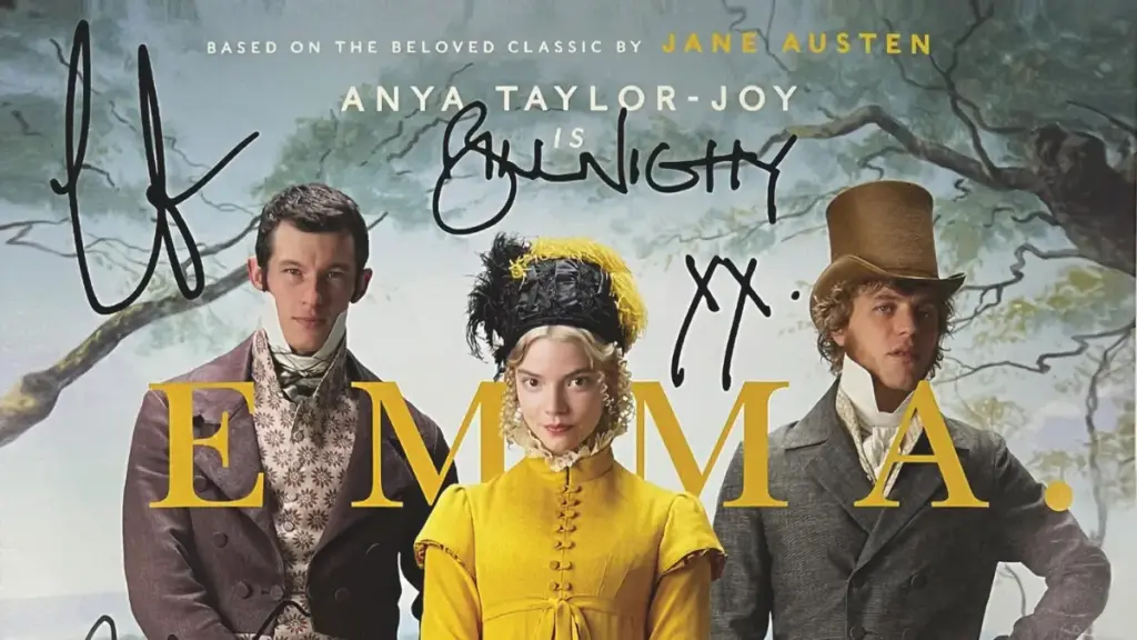 Particolare della locandina del film Emma, esposta a New York in occasione della mostra "Paper Jane: 250 Years of Austen" che ha ripercorso la storia della scrittrice attraverso manoscritti, prime edizioni, locandine e illustrazioni, 1 dicembre 2025 (foto Ansa)